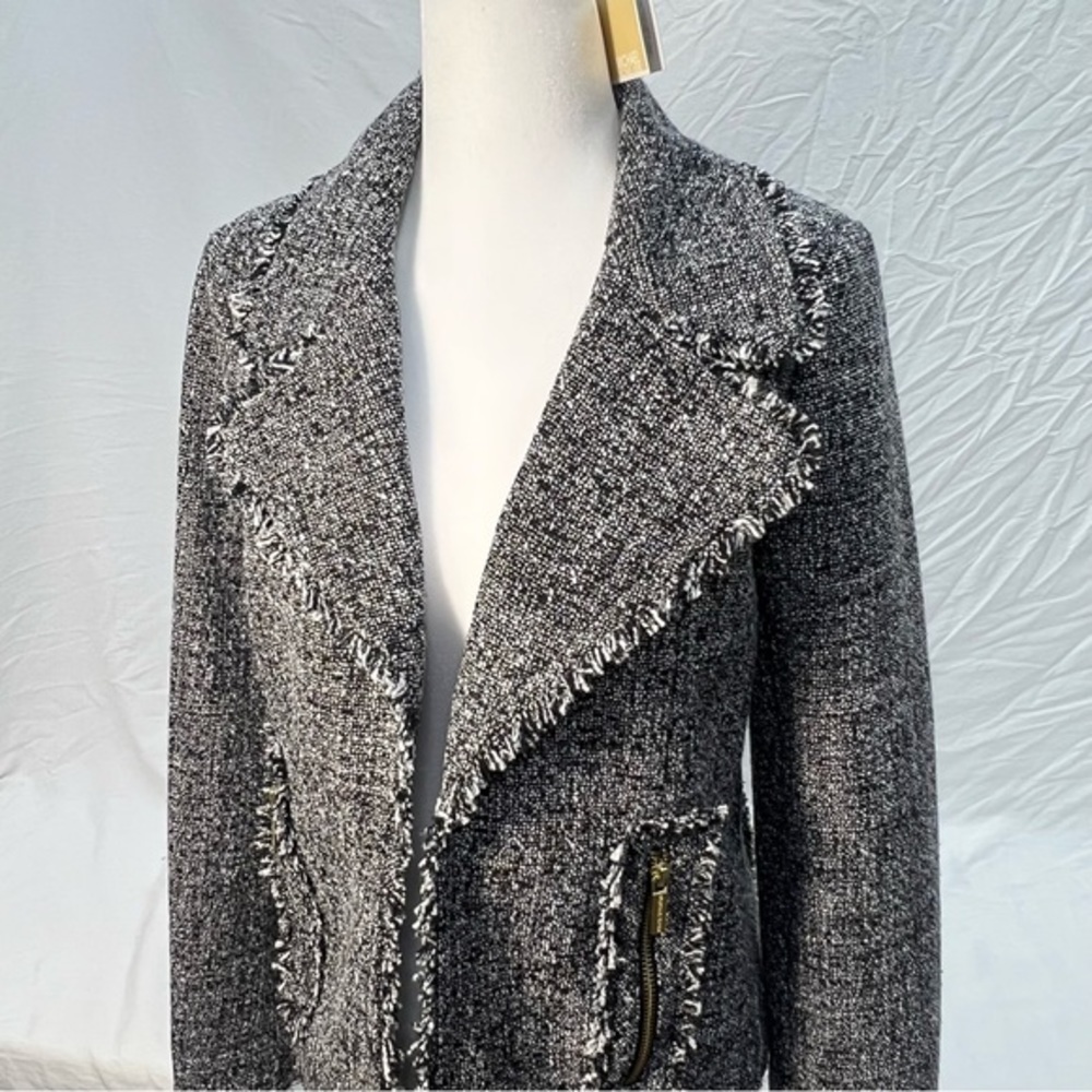 Michael Kors open front gray black blazer jacket frilly distressed ragged look